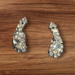 Vintage 1950s Rhinestone Ear Sweep Earrings Silver Tone Marquise Bridal Clip On